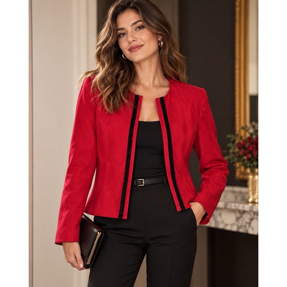 Y2K Red Faux Suede Jacket Petite M Black Trim Office Siren Holiday Blazer